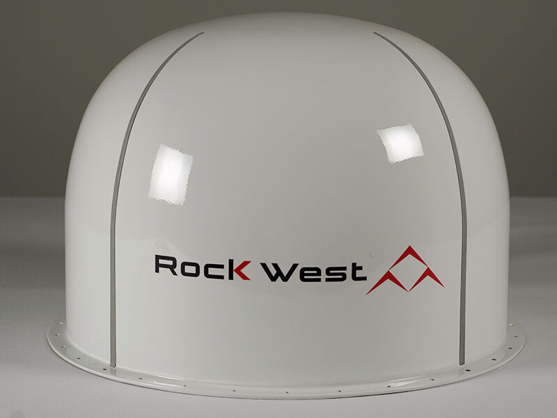 Flight radome painted white with lightning diverters. Rock West logo on the side. Radome sits on a white table with a neutral background 
