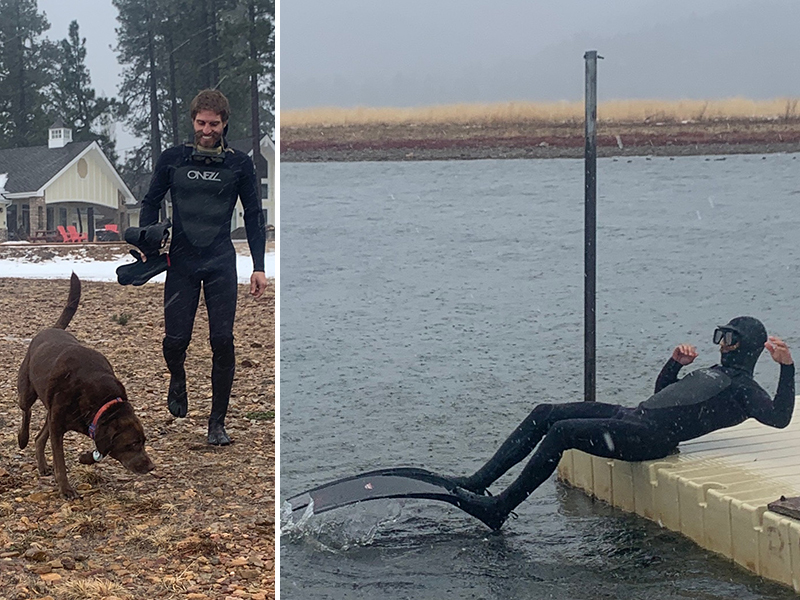 Cold water test of Rock West-designed, medium-flex, carbon fiber fin blade prototypes