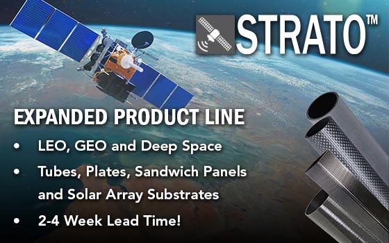 Image of tubes, our space-ready product line, STRATO™, a satellite and text