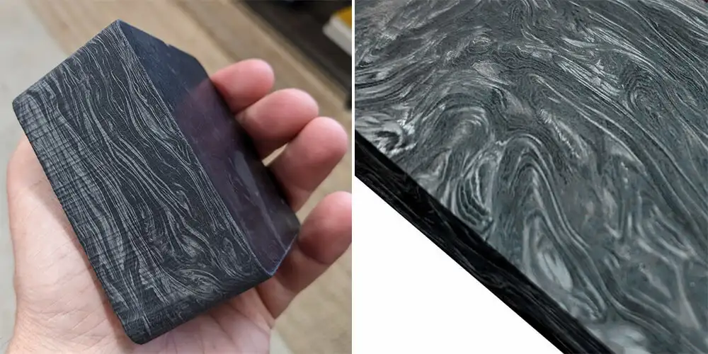 Thick forged block in hand (left) and forged block surface detail (right)